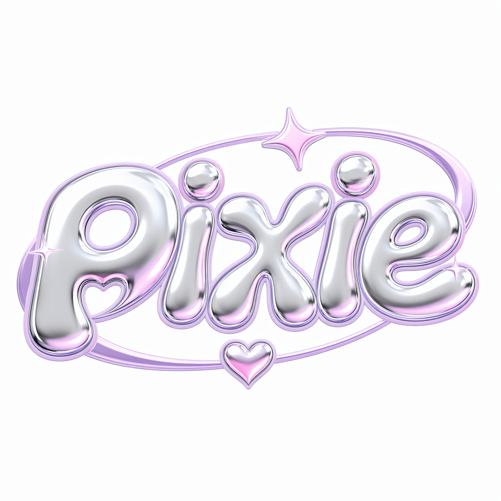 Объёмный хромированный логотип Pixie с лавандовым акцентом